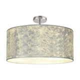 Baymont 5 Light Semi Flush ceiling light, 60cm wide drum shade in silver leaf finish with white laminate lining, on a polished chrome ceiling mount, shown against a plain white background.