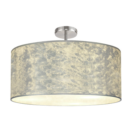 Baymont 5 Light Semi Flush ceiling light, 60cm wide drum shade in silver leaf finish with white laminate lining, on a polished chrome ceiling mount, shown against a plain white background.
