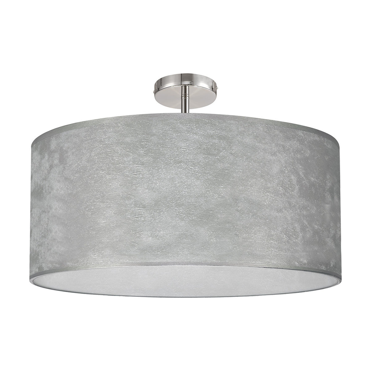 Baymont 5 Light Semi Flush ceiling light with a wide 60cm silver drum shade and polished chrome ceiling mount, shown against a plain white background.