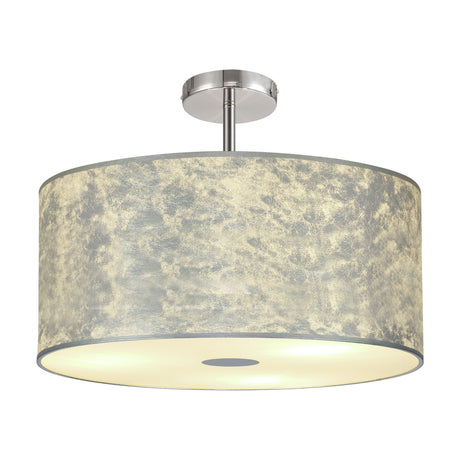 Baymont 5 Light Semi Flush Ceiling Light 50cm, a wide drum shade with silver foiled fabric-look finish, frosted acrylic diffuser and polished chrome trim, shown on a plain white background.