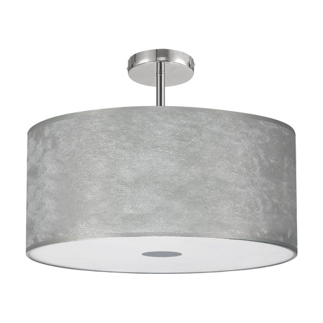 Baymont 5 Light Semi Flush Ceiling Light 50cm in polished chrome, with a wide silver foiled drum shade and frosted acrylic diffuser, shown on a plain white background.