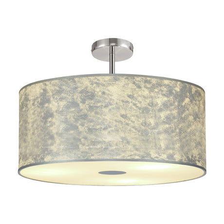 Baymont Flush Ceiling Light in silver leaf, a wide 60cm drum shade with polished chrome fitting and frosted acrylic diffuser, shown lit on a plain white background.