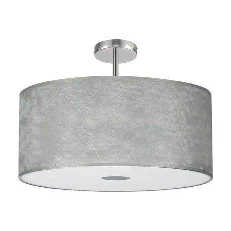 Baymont Flush Ceiling Light 60cm in silver leaf, a wide drum shade with polished chrome fitting and frosted acrylic diffuser, shown on a white background.