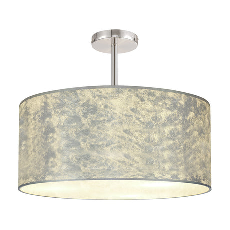 Baymont 5 Light Semi Flush Ceiling Light with a wide drum shade in mottled silver-grey fabric, white lining, and polished chrome ceiling mount, shown on a plain white background.
