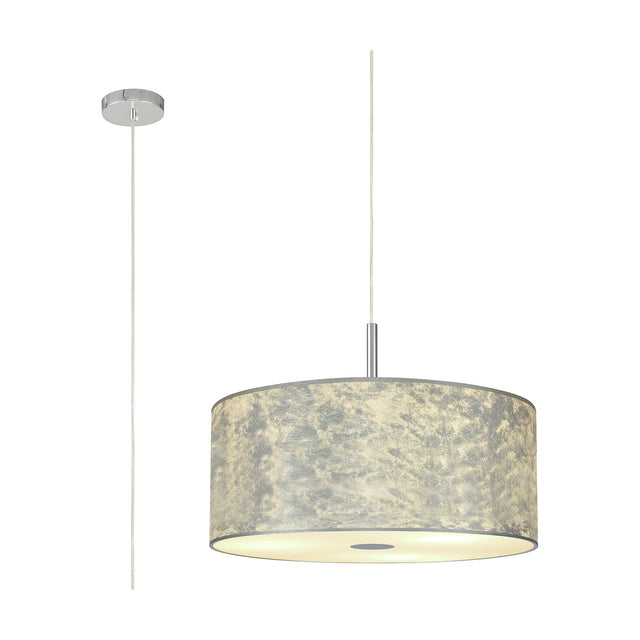 Baymont 5-light 60cm pendant in polished chrome with a silver-leaf drum shade and frosted acrylic diffuser, shown with ceiling rose and cable on a white background.