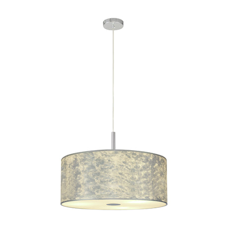 Baymont 5 Light Pendant, 60cm drum shade in silver-toned mottled fabric with a frosted acrylic diffuser base, suspended by a polished chrome cord and ceiling rose against a plain white background.