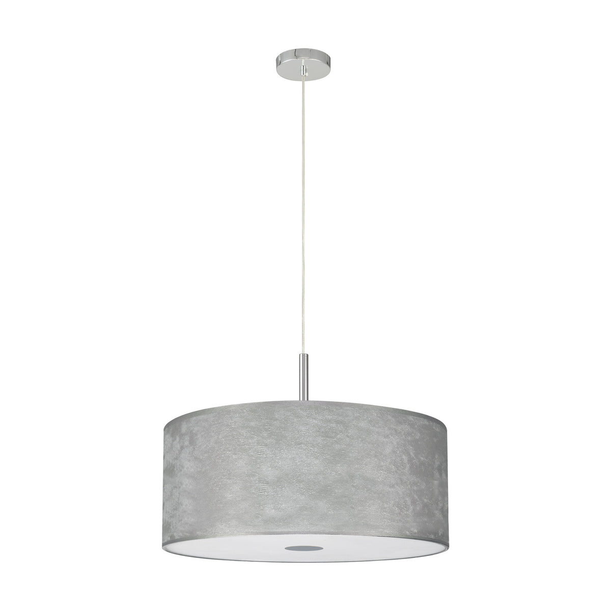 Baymont 5 Light Pendant, 60cm silver drum shade with frosted acrylic diffuser, polished chrome fittings and cord, on a plain white background.