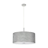 Baymont 5 Light Pendant, 60cm silver drum shade with frosted acrylic diffuser, polished chrome fittings and cord, on a plain white background.