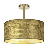 Baymont E27 semi flush ceiling light, 40cm wide drum shade in textured gold foil with white lining, on an antique brass ceiling mount, shown on a plain white background.