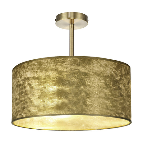 Baymont E27 semi flush ceiling light, 40cm wide drum shade in textured gold foil with white lining, on an antique brass ceiling mount, shown on a plain white background.