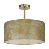 Baymont E27 semi flush ceiling light with a 40cm wide drum shade in mottled gold foil, white inner lining, and antique brass ceiling mount, shown on a plain white background.