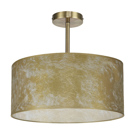 Baymont E27 semi flush ceiling light with a 40cm wide drum shade in mottled gold foil, white inner lining, and antique brass ceiling mount, shown on a plain white background.