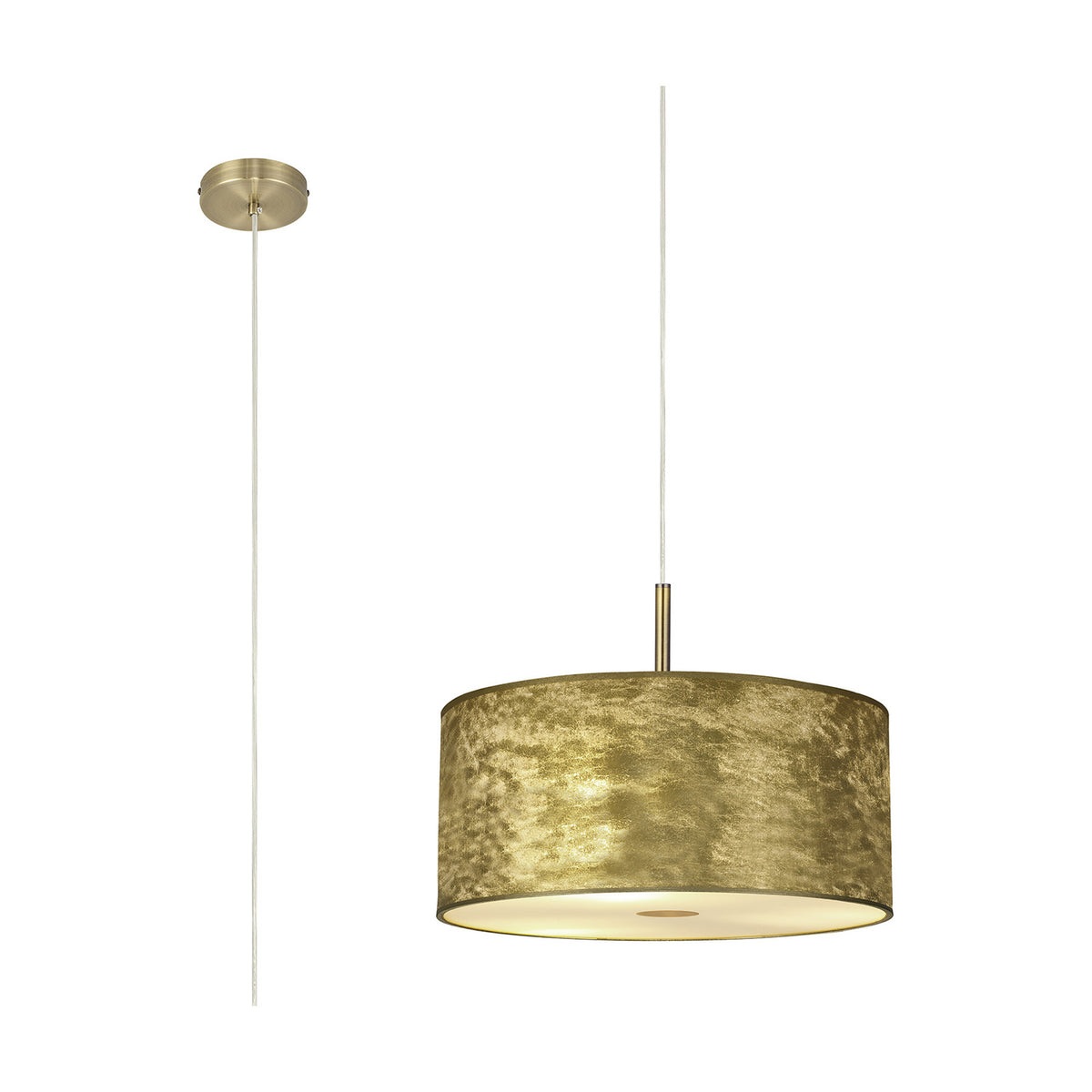 Baymont pendant light with a 40cm gold foil drum shade, white laminate lining, and antique brass diffuser, shown with ceiling rose on a plain white background.