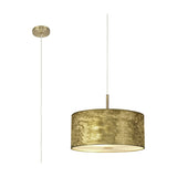 Baymont pendant light with a 40cm gold foil drum shade, white laminate lining, and antique brass diffuser, shown with ceiling rose on a plain white background.