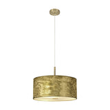 Baymont E27 pendant light with a 40cm gold foil drum shade, white lining, and antique brass diffuser ring, suspended on a cord from an antique brass ceiling rose against a plain white background.