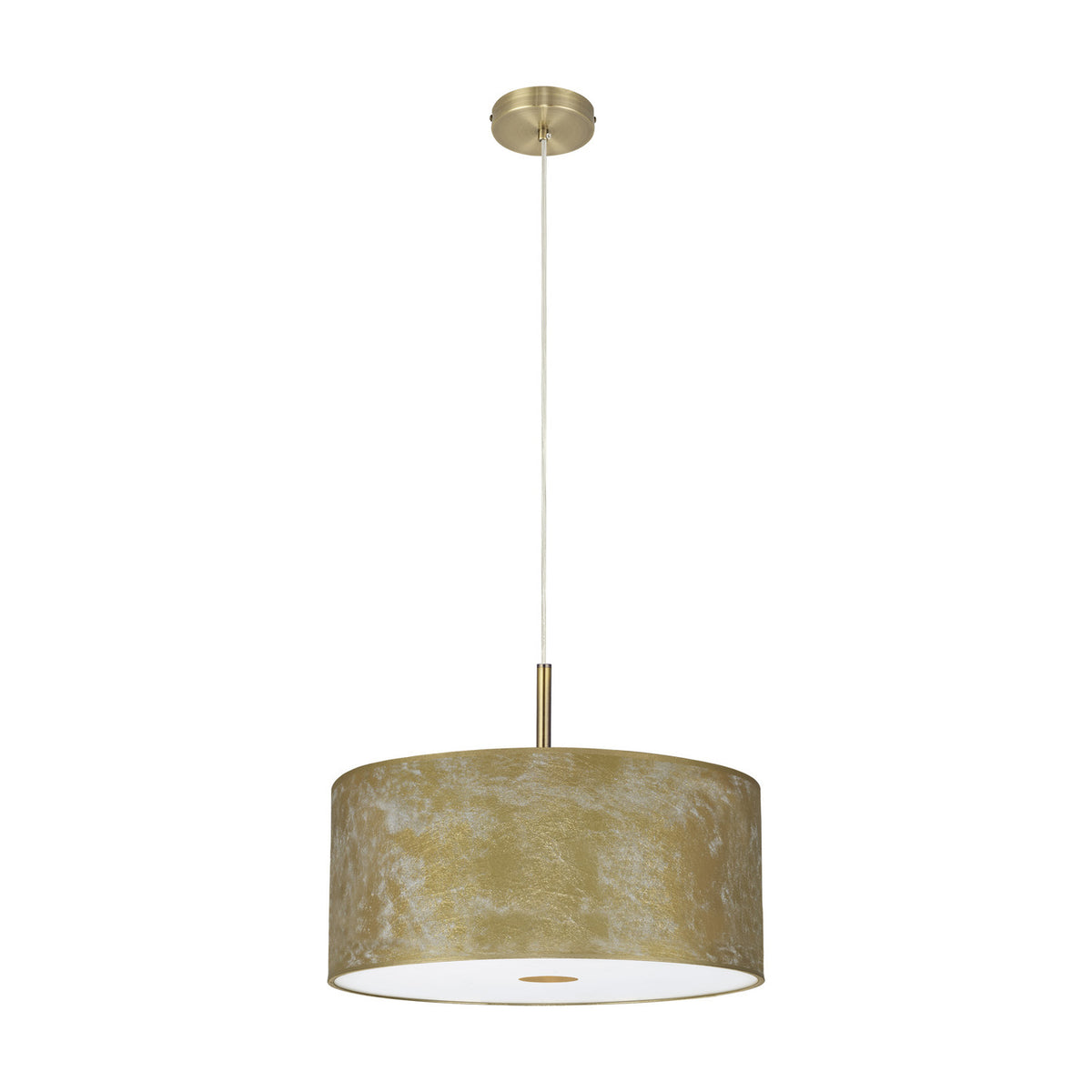 Baymont E27 pendant light with a 40cm gold foil drum shade, white laminate lining, antique brass ceiling rose and rod, and a frosted acrylic diffuser, shown on a plain white background.