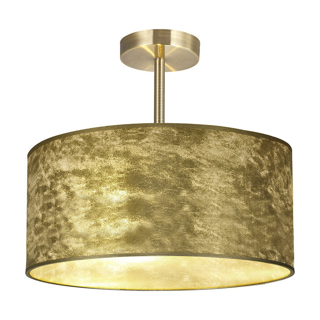 Baymont 3 Light E27 Semi Flush Ceiling Light 40cm in Antique Brass with a gold leaf drum shade, white interior lining, and brushed brass stem and ceiling mount.