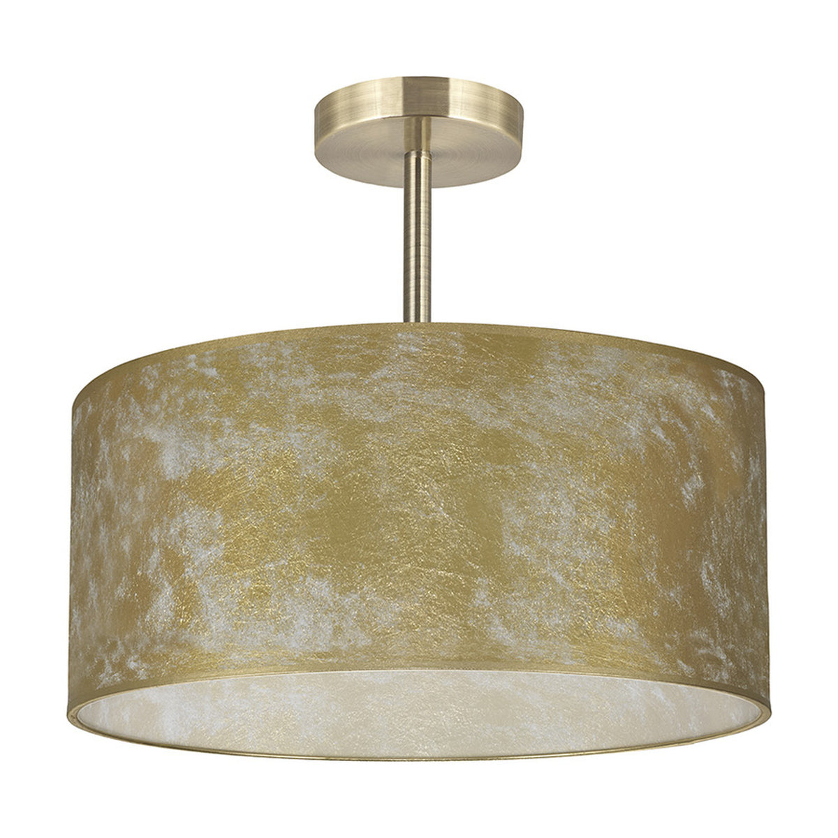 Baymont 3 Light E27 Semi Flush Ceiling Light, 40cm drum shade in gold leaf with white lining, antique brass fitting close to ceiling, shown on a plain white background.