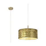 Baymont 3 Light E27 Pendant Light 50cm, a wide drum-shaped gold leaf shade with white lining on an antique brass ceiling rose and cable, shown on a plain white background.