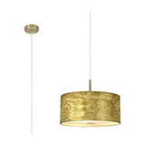 Baymont 3 Light Brass Diffuser Pendant, 40cm gold leaf drum shade with frosted acrylic diffuser and antique brass edge, shown with ceiling rose and cable on white background.