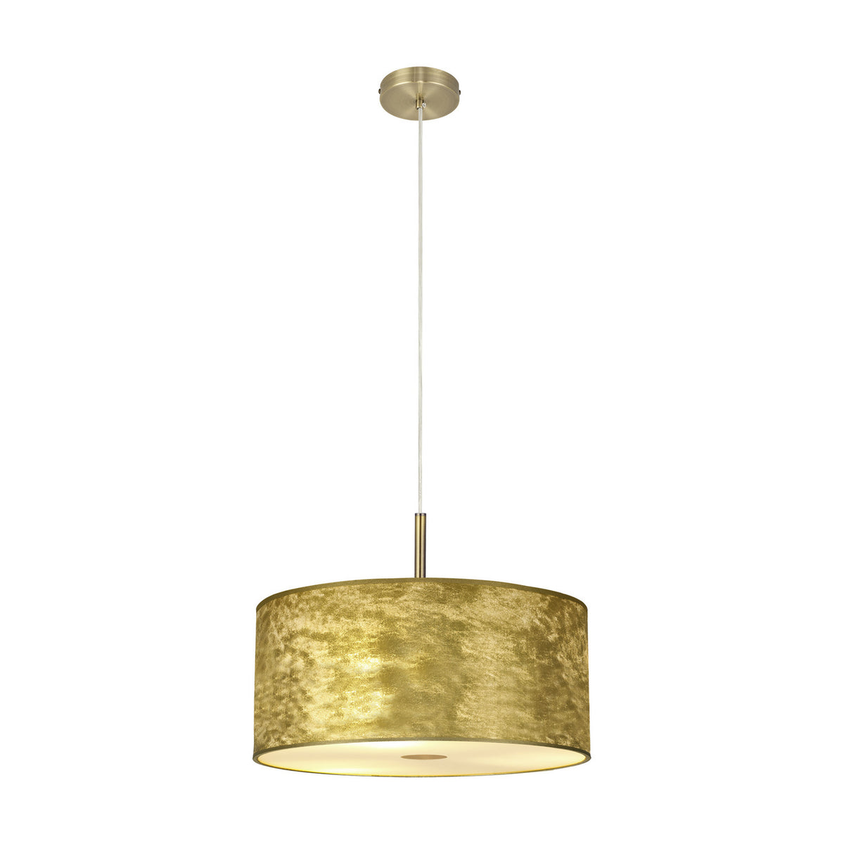 Baymont 3 Light Brass Diffuser Pendant Light 40cm in Antique Brass with a gold leaf drum shade, white lining, and frosted acrylic diffuser, shown on a matching rod.