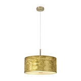 Baymont 3 Light Brass Diffuser Pendant Light 40cm in Antique Brass with a gold leaf drum shade, white lining, and frosted acrylic diffuser, shown on a matching rod.
