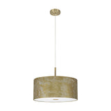 Baymont 3 Light Brass Diffuser Pendant Light, 40cm gold leaf drum shade with white lining and antique brass frosted acrylic diffuser, on a slim brass rod against a plain white background.