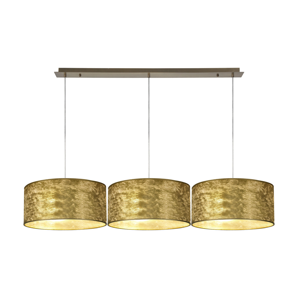 Baymont 3 Light E27 pendant light with linear ceiling bar, three round drum shades in gold-flecked antique brass finish, on a white background.