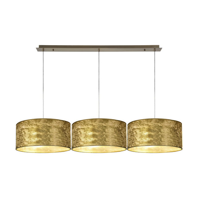Baymont 3 Light E27 pendant light with linear ceiling bar, three round drum shades in gold-flecked antique brass finish, on a white background.