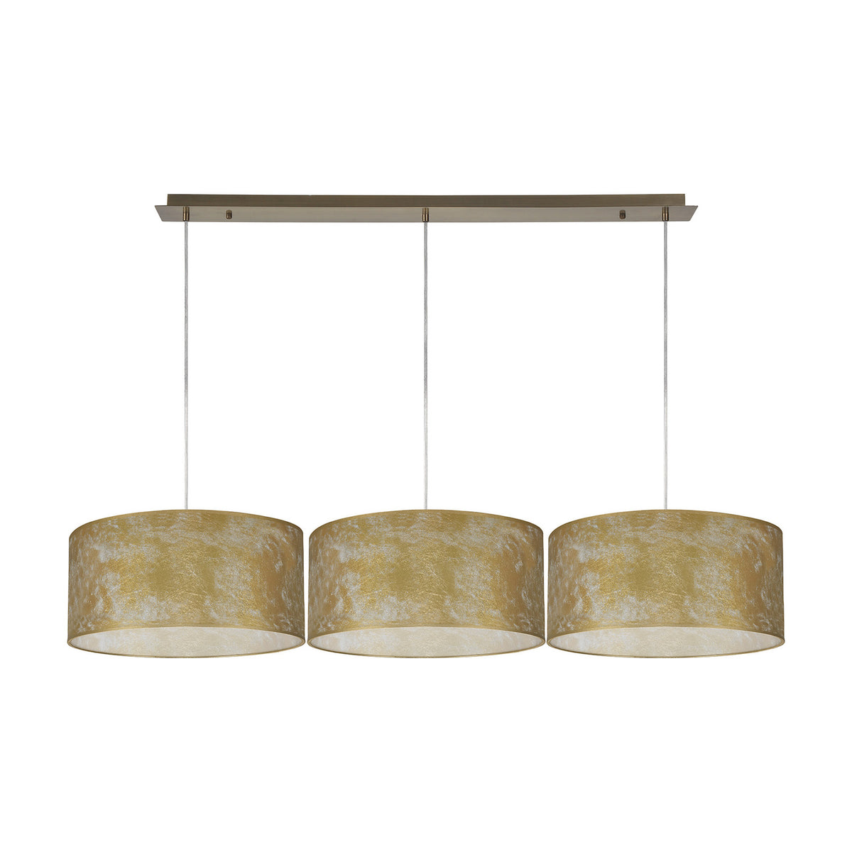 Baymont 3 Light E27 pendant light with three drum shades in mottled gold finish, suspended from an antique brass linear ceiling bar on a white background.