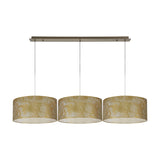 Baymont 3 Light E27 pendant light with three drum shades in mottled gold finish, suspended from an antique brass linear ceiling bar on a white background.