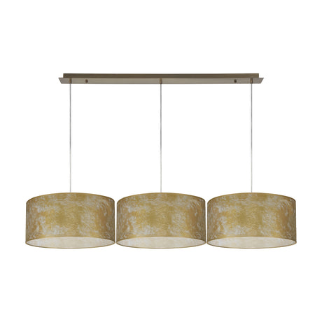 Baymont 3 Light E27 pendant light with three drum shades in mottled gold finish, suspended from an antique brass linear ceiling bar on a white background.
