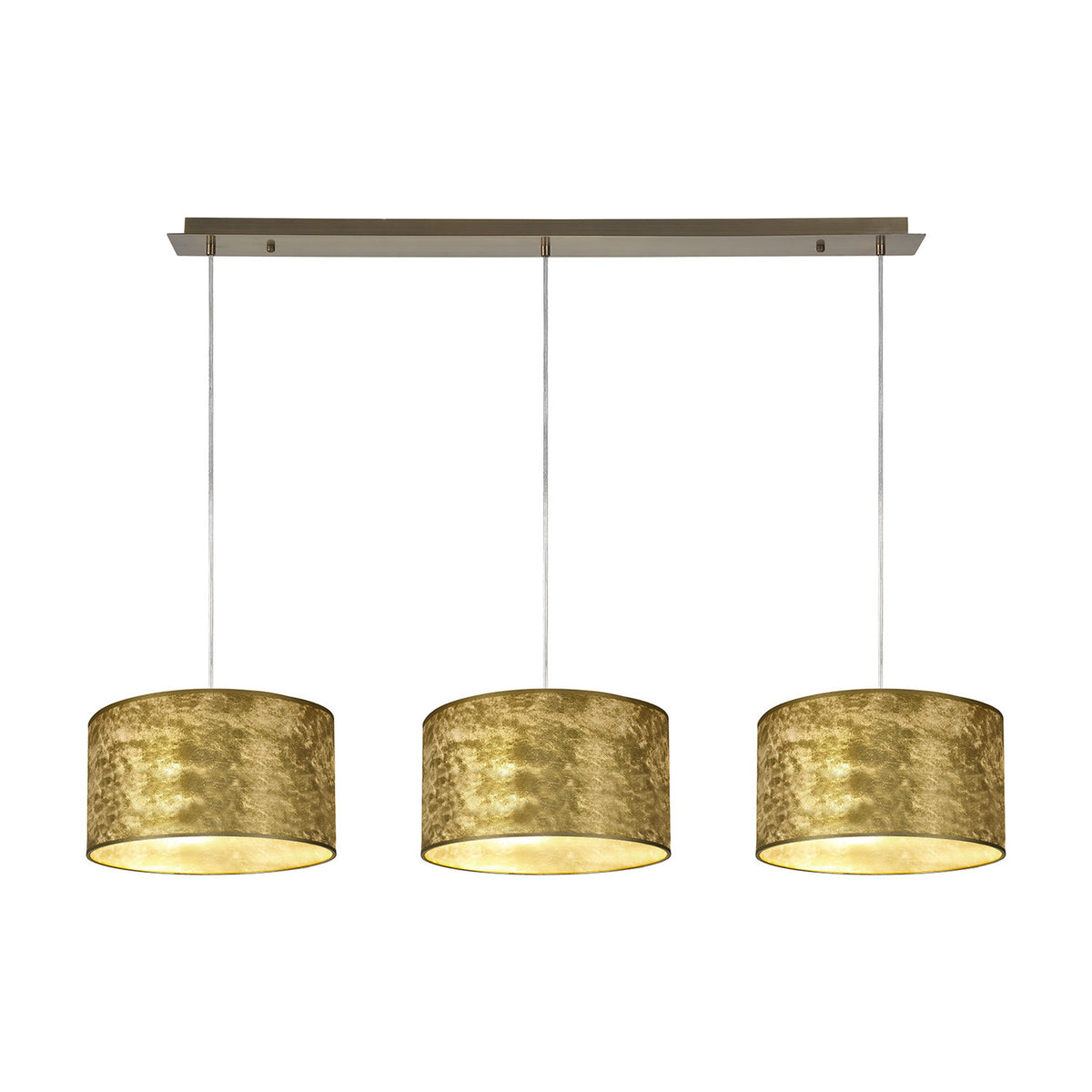 Baymont 3 Light E27 pendant light with 30cm gold leaf drum shades on antique brass suspended bar, shown on a plain white background.