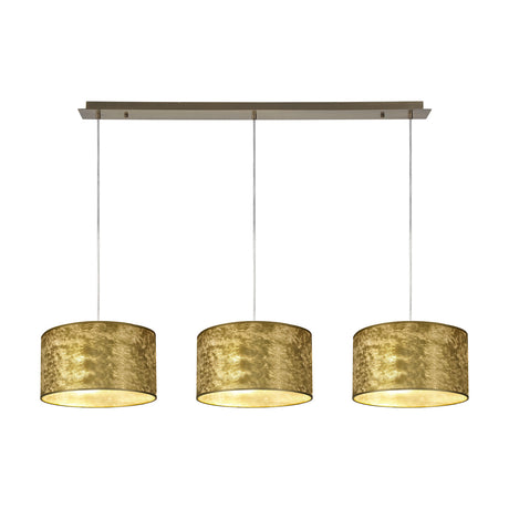 Baymont 3 Light E27 pendant light with 30cm gold leaf drum shades on antique brass suspended bar, shown on a plain white background.