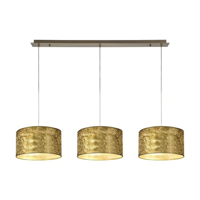 Baymont 3 Light E27 pendant light with 30cm gold leaf drum shades on antique brass suspended bar, shown on a plain white background.