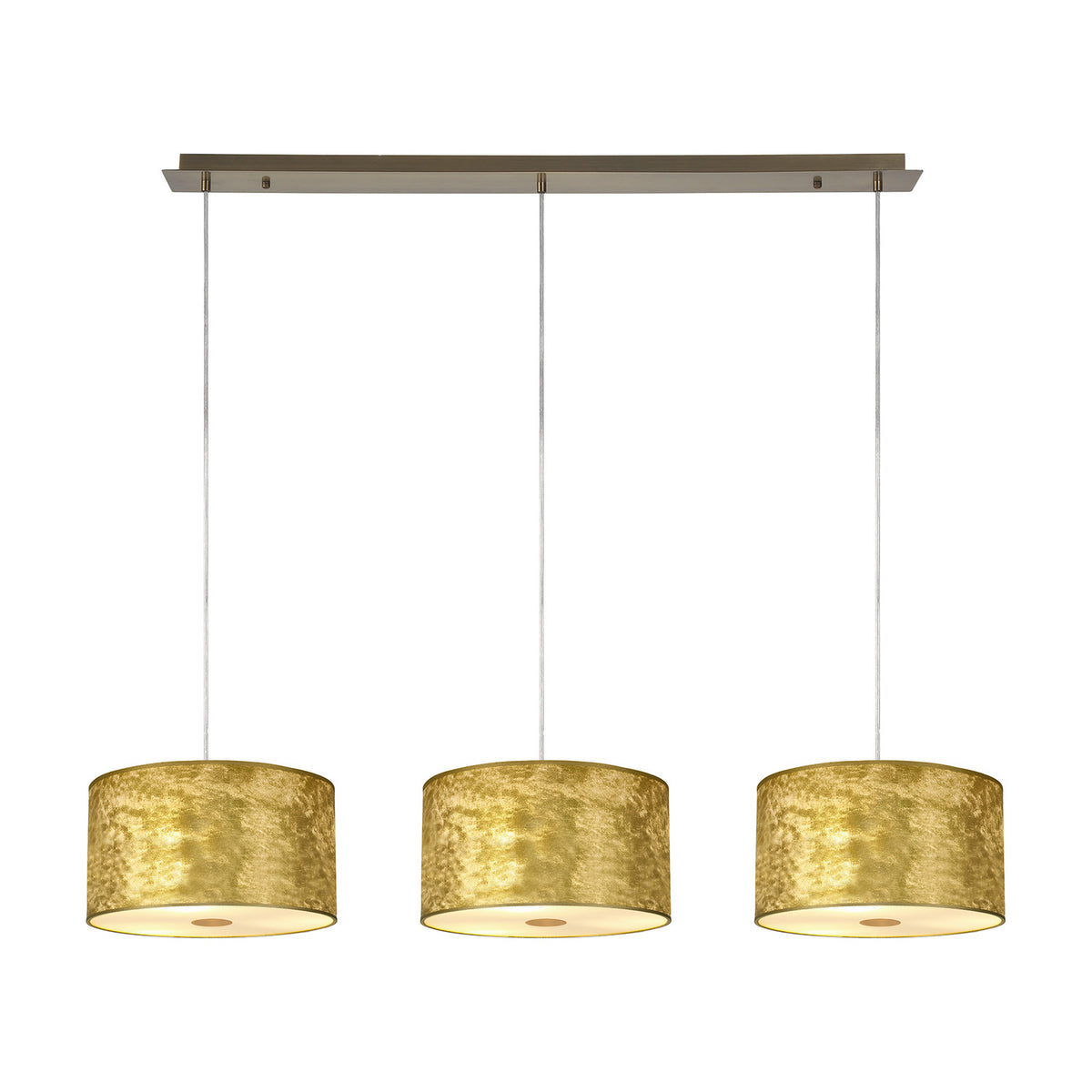 Baymont 3 Light Brass Diffuser Pendant: a slim antique brass ceiling bar suspends three gold leaf drum shades with white lining and frosted acrylic diffusers, shown on a plain white background.