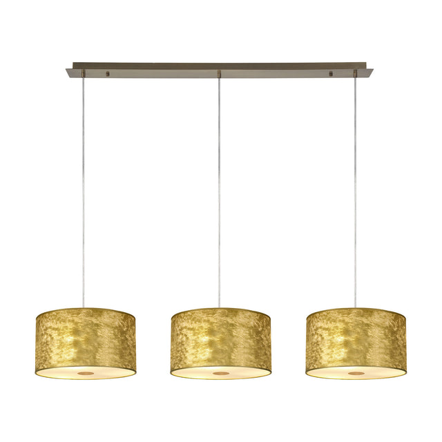 Baymont 3 Light Brass Diffuser Pendant: a slim antique brass ceiling bar suspends three gold leaf drum shades with white lining and frosted acrylic diffusers, shown on a plain white background.