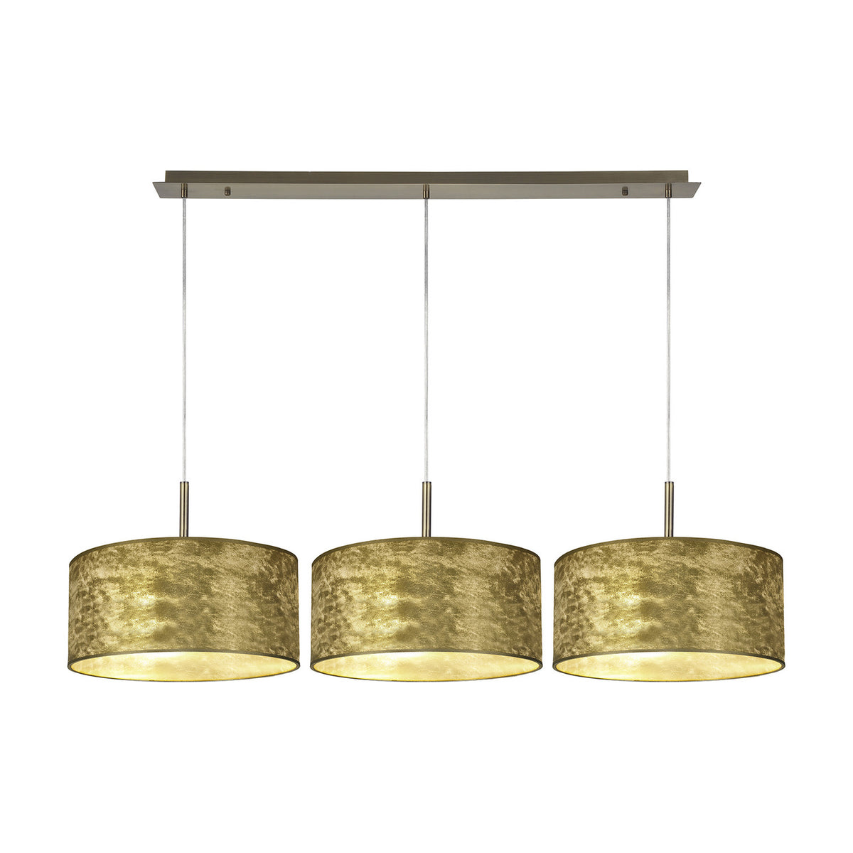 Baymont 3 Light E27 Pendant Light in Antique Brass, featuring three round 40cm drum shades in a gold leaf finish suspended from a linear ceiling bar on a plain white background.