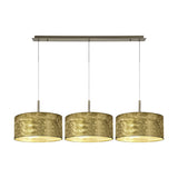 Baymont 3 Light E27 Pendant Light in Antique Brass, featuring three round 40cm drum shades in a gold leaf finish suspended from a linear ceiling bar on a plain white background.