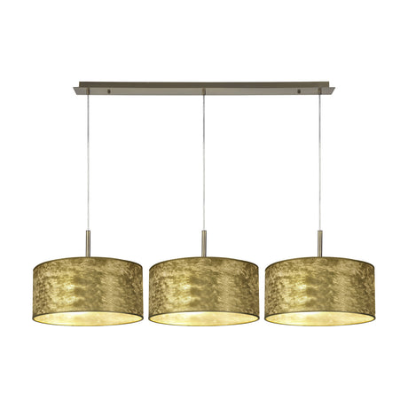 Baymont 3 Light E27 Pendant Light in Antique Brass, featuring three round 40cm drum shades in a gold leaf finish suspended from a linear ceiling bar on a plain white background.
