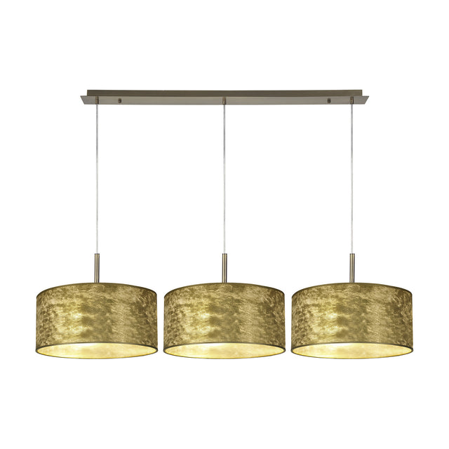 Baymont 3 Light E27 Pendant Light in Antique Brass, featuring three round 40cm drum shades in a gold leaf finish suspended from a linear ceiling bar on a plain white background.
