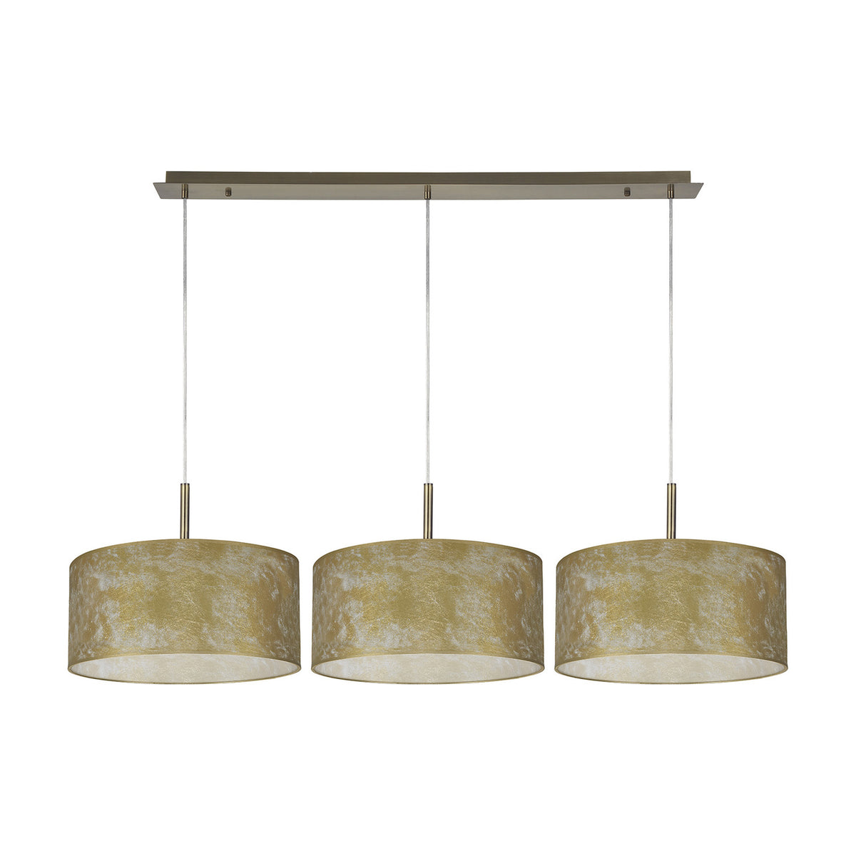 Baymont 3 Light E27 pendant light with 40cm gold leaf drum shades and antique brass ceiling bar and stems, on a plain white background.
