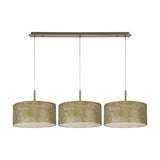 Baymont 3 Light E27 pendant light with 40cm gold leaf drum shades and antique brass ceiling bar and stems, on a plain white background.