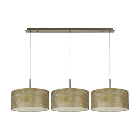Baymont 3 Light E27 pendant light with 40cm gold leaf drum shades and antique brass ceiling bar and stems, on a plain white background.