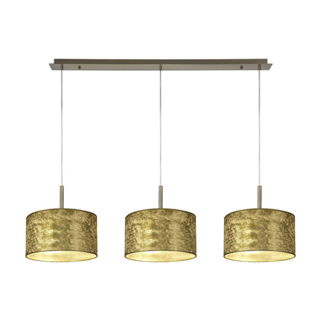 Baymont 3 Light E27 Pendant Light in Antique Brass, featuring three gold foil drum shades with white lining suspended from a slender bar on adjustable flex, shown on a plain white background.