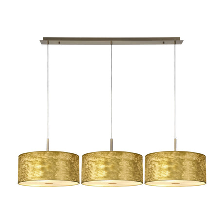 Baymont 3 Light Linear Pendant with three gold-textured drum shades on an antique brass ceiling bar, each with a frosted acrylic diffuser, shown on a plain white background.