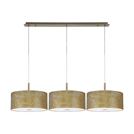 Baymont 3 Light Linear Pendant with antique brass ceiling bar, three gold leaf drum shades and white frosted acrylic diffusers, shown on a plain white background.