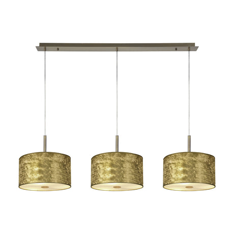 Baymont 3 Light Brass Diffuser Pendant: linear antique brass ceiling bar with three drum shades in gold leaf, each with a frosted acrylic diffuser, on a plain white background.