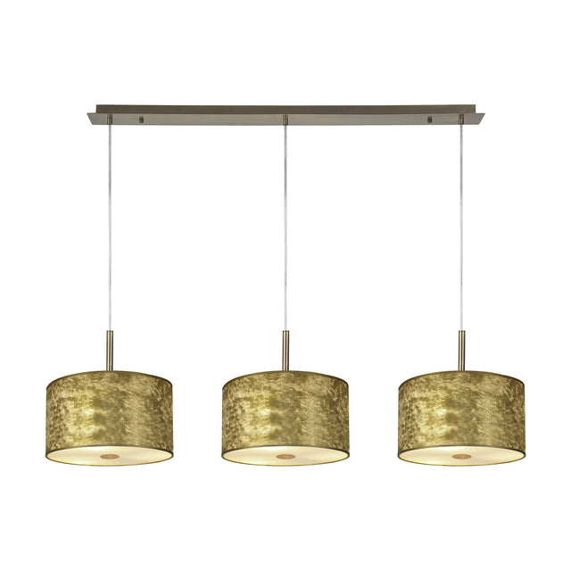 Baymont 3 Light Brass Diffuser Pendant: linear antique brass ceiling bar with three drum shades in gold leaf, each with a frosted acrylic diffuser, on a plain white background.