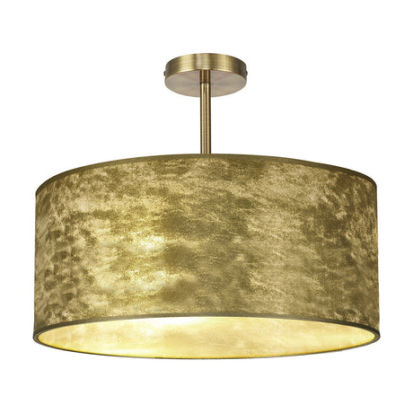 Baymont 5-light 40cm semi flush ceiling light in antique brass with a drum shade, mottled gold-leaf exterior, white interior, and short brass ceiling rod.